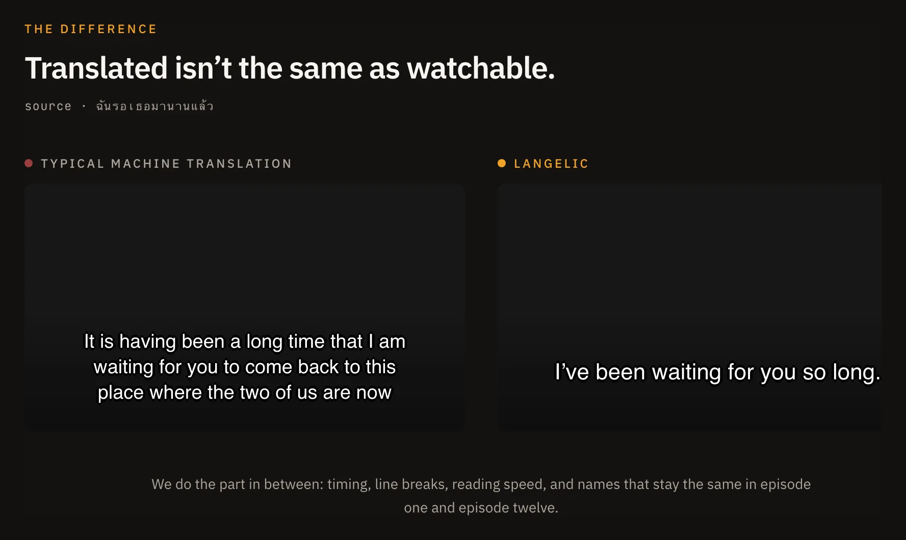 Before and after: a raw machine-translated subtitle overflowing the screen, next to the same line reflowed to a single readable cue