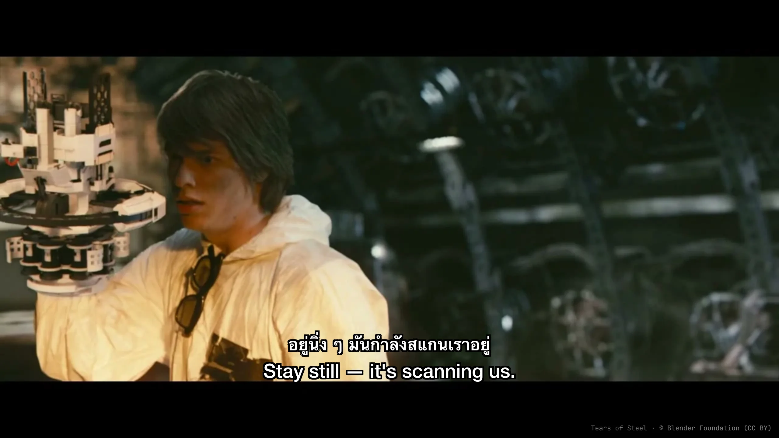A film frame with subtitles in two languages stacked together